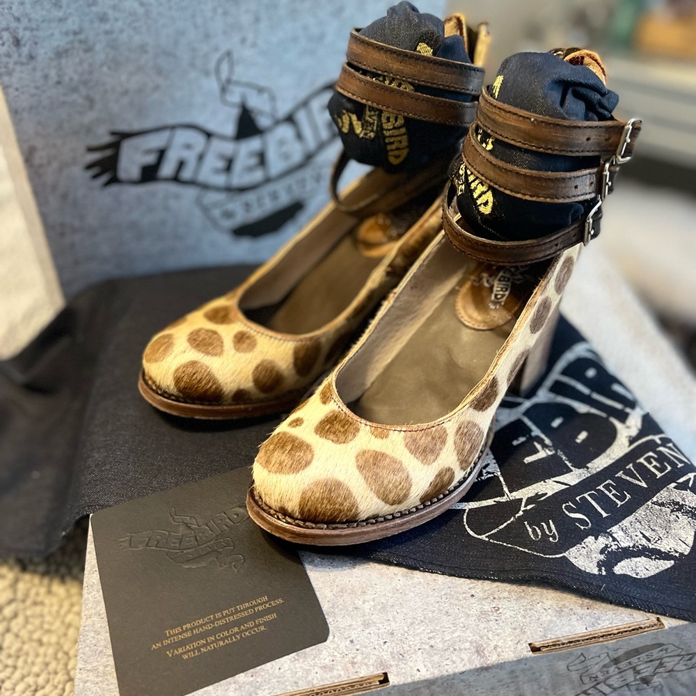 Freebird by Steven Leopard Print Tan and Brown Ankle Strap Heels